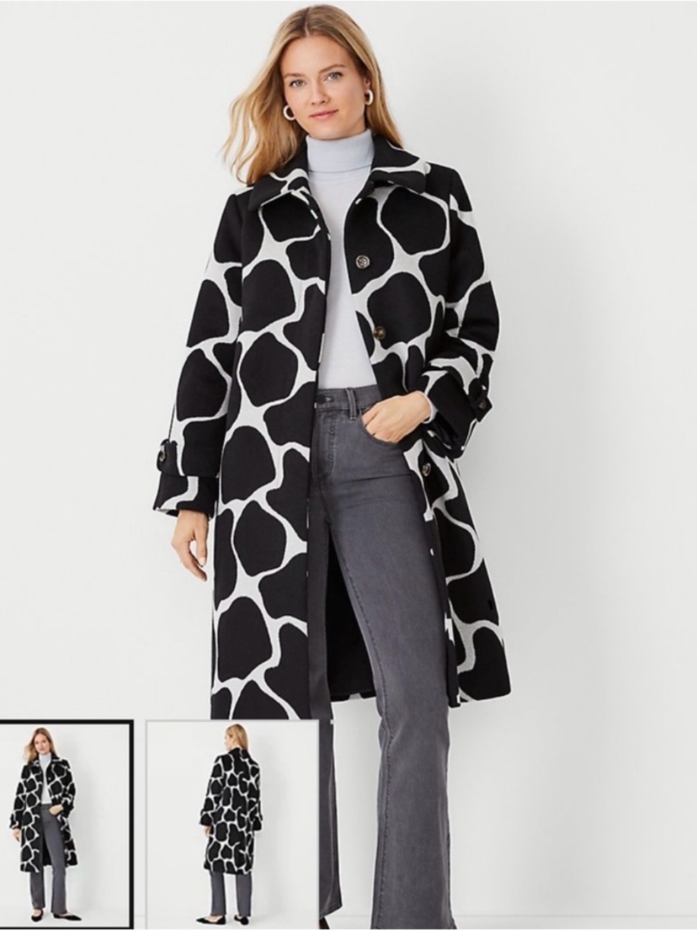 Ann Taylor Black & White Patterned Long Coat - Women's Jacket